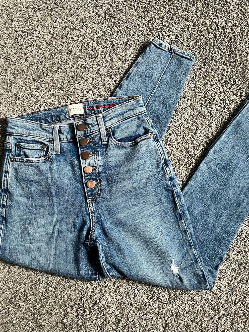 Alice + Olivia Denim Skinny Jeans High Waisted Button Fly Distressed Size 26